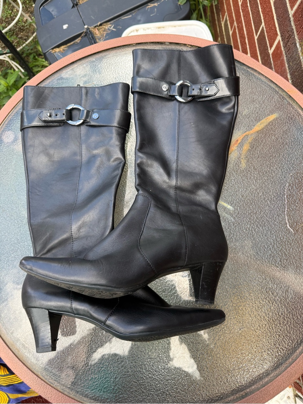 Anne Klein Black Leather Mid-Calf Heeled Boots with Buckle